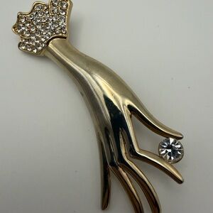 Vintage Gold Tone Figural Hand Rhinestone w/ Rhinestone Cuff Brooch